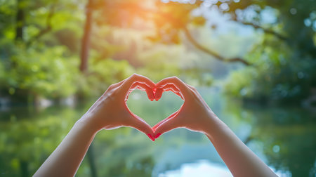 Woman hands making a heart shape with their fingers on nature background.の素材