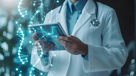 Close up of female doctor working with tablet computer. Medical network hologram. Double exposureの素材