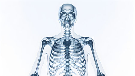Human skeleton anatomy x-ray view on white background 3D renderingの素材