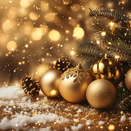 Christmas background with golden baublesの素材