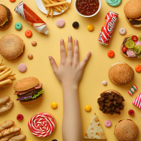 top view of hand reaching for hamburger and sweets on yellow backgroundの素材