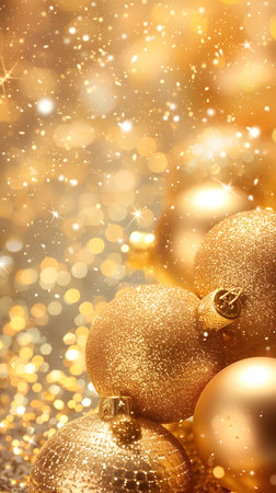 Christmas background with golden baubles and lights, close-upの素材