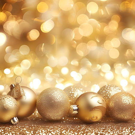 Christmas background with golden baubles on abstract bokeh backgroundの素材
