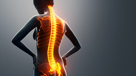 3d Illustration of Female Feeling the Back Pain over gray Backgroundの素材