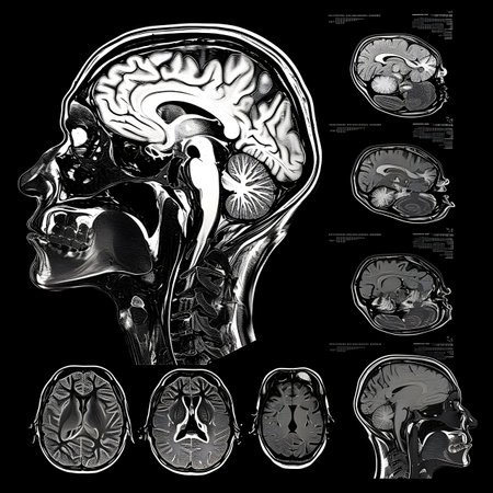 Brain x-ray image of human head isolated on black background.の素材