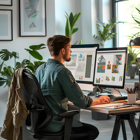 young designer working on computer while sitting in officeの素材
