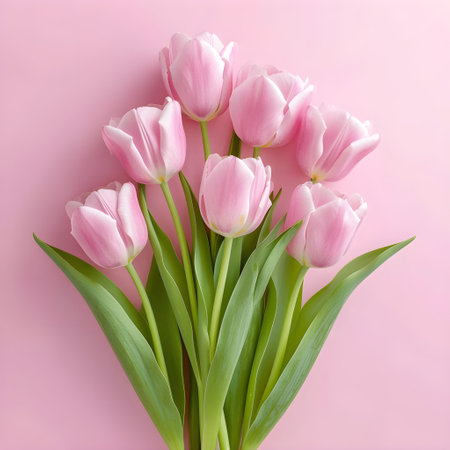 Bouquet of pink tulips on a pink background, top viewの素材