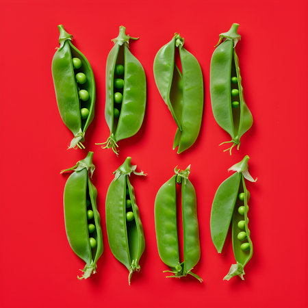 Green peas on a red background flat lay top viewの素材