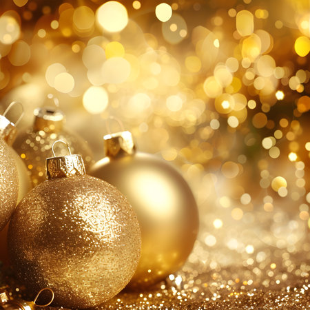 Golden christmas background with baubles on bokeh lightsの素材