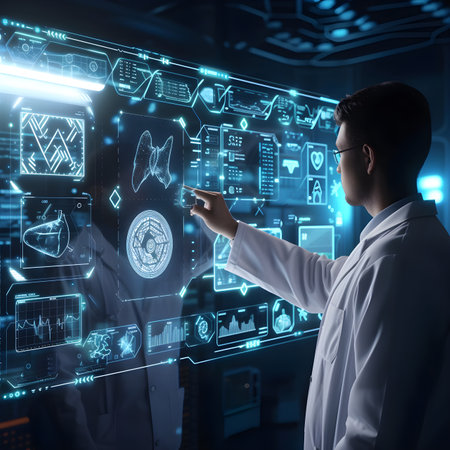 Side view of young male doctor in white coat touching hologram screen research concept double exposureの素材