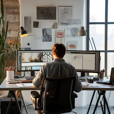 Rear view of young man sitting at desk and working on computer in creative officeの素材