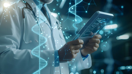 Close up of male doctor using tablet computer with DNA hologramの素材