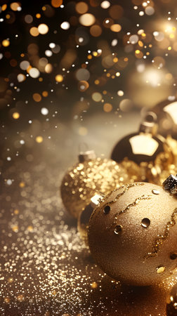Golden christmas balls on abstract bokeh background. New Year conceptの素材