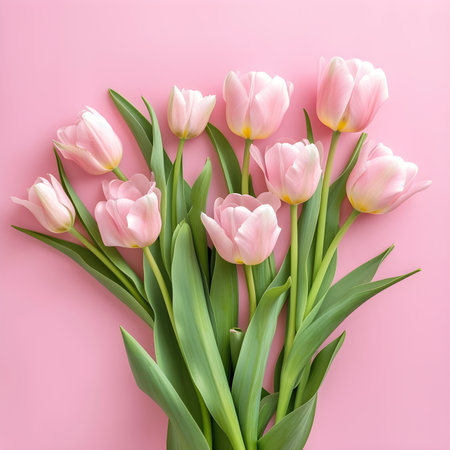 Bouquet of pink tulips on pink background. Flat lay, top viewの素材
