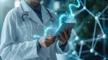 Close up on a doctor using tablet computer with glowing medical network hologramの素材