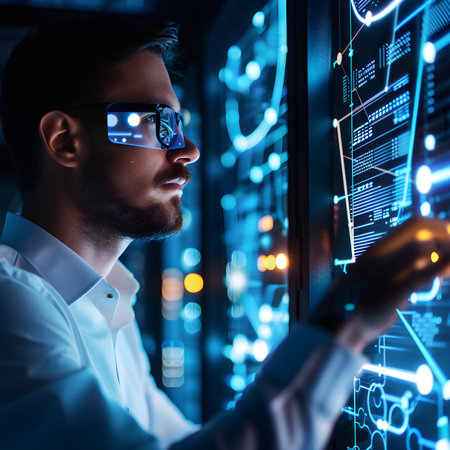 business, technology, internet and networking concept, close up of businessman in virtual reality glasses working with virtual panel in officeの素材