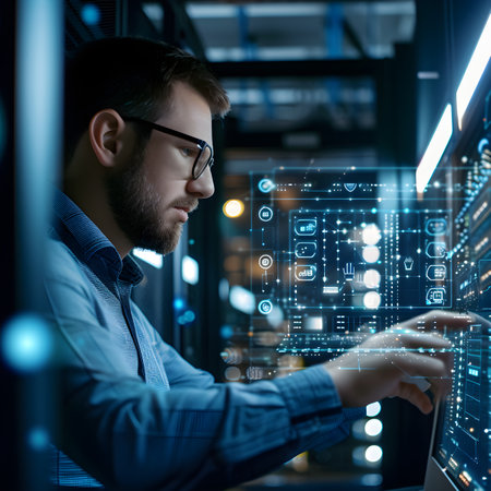 Young man in datacenter using laptop. Internet and technology conceptの素材