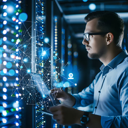 Serious young man using digital tablet while standing in server room. Internet conceptの素材