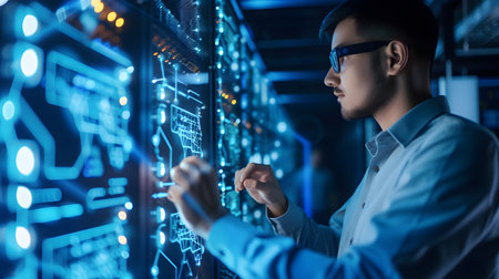 businessman in glasses working with virtual panel in server room at nightの素材