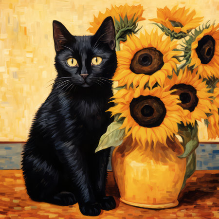 Black cat beside sunflowers in a vaseの素材