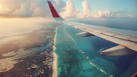 Airplane wing view over tropical beach, turquoise waterの素材