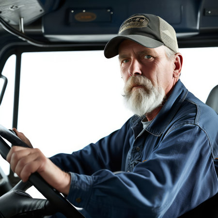 Senior man driving a bus, close-up portrait of a driverの素材