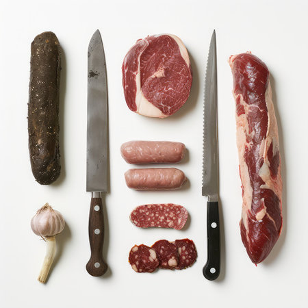 Different types of meat and sausages on white background, top viewの素材