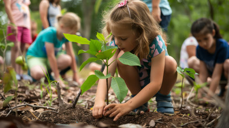 Children assist in tree planting ceremony at arbor dayの素材