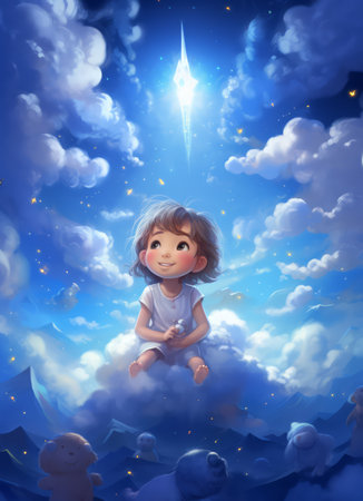 Cute little girl sitting on the clouds in the starry sky cartoon styleの素材