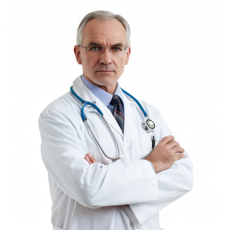 Portrait of a serious doctor with stethoscope. Isolated on white background.の素材