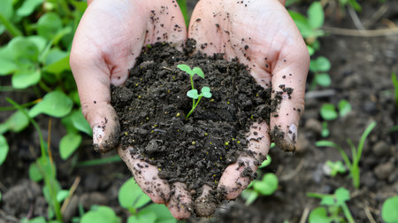 Human hands holding small green sprout in soil. Gardening conceptの素材
