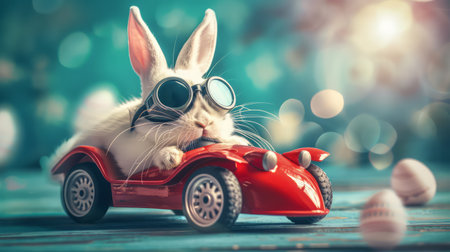 Cute white rabbit with red toy car and eggs on bokeh backgroundの素材