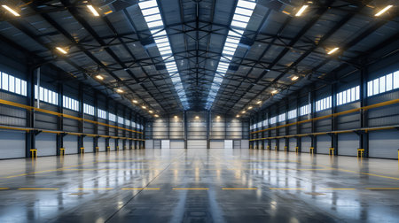 Interior of a large industrial warehouse. Industrial background. 3d renderingの素材