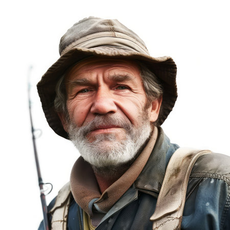 Portrait of a senior fisherman with a fishing rod on a white backgroundの素材