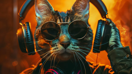 Portrait of a cat in headphones on a background of fire.の素材