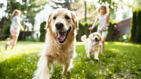 Happy family playing with golden retriever dog in garden on summer dayの素材