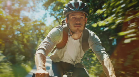 Portrait of handsome young man riding a bicycle in the park.の素材