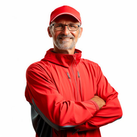 sport coach man with red jacket and cap over isolated white backgroundの素材