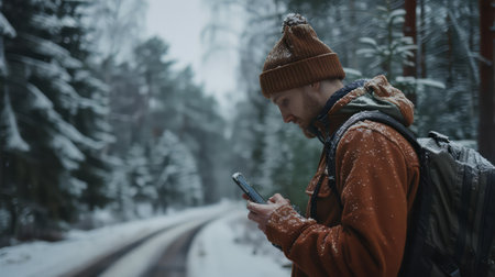 A young man with a backpack is using a smartphone in the winter forest.の素材