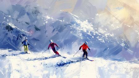Skiers skiing in mountains extreme winter sportの素材
