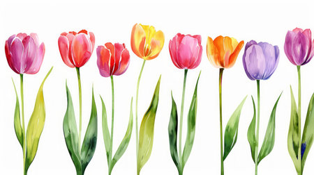 Set of tulips isolated on white background watercolor illustrationの素材
