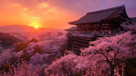 Temple and cherry blossoms at sunsetの素材
