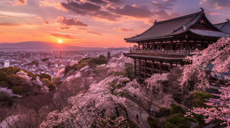 Temple with cherry blossoms in springの素材