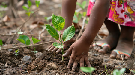 Close up of a little girl planting a tree in the garden.の素材