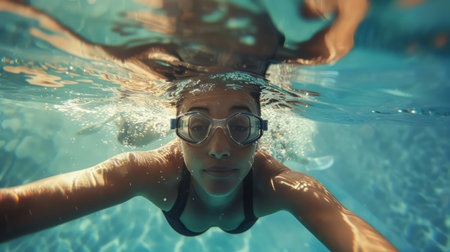 Underwater shot of a young woman swimming in the pool with glassesの素材
