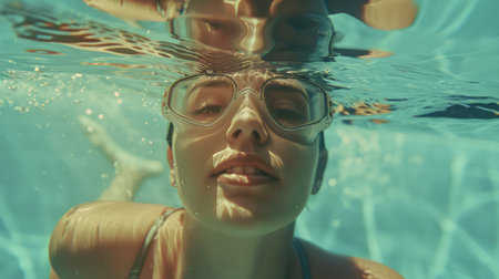 Underwater portrait of young woman in swimsuit and goggles swimming in poolの素材