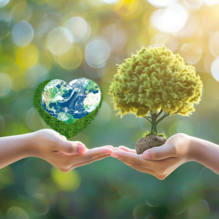 World environment day concept with green tree in human hands over blurred nature backgroundの素材