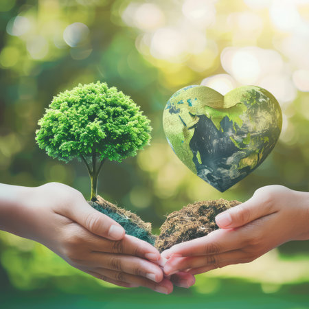 Two hands holding tree in heart shape with nature bokeh backgroundの素材