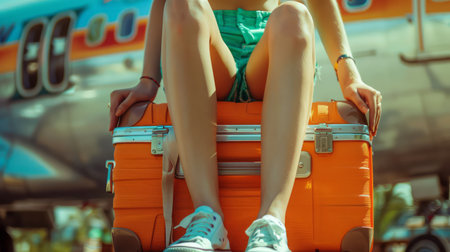 Cropped image of woman sitting on orange suitcase and looking at cameraの素材