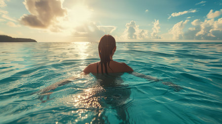 Young woman swimming in clear sea water and looking at beautiful landscapeの素材